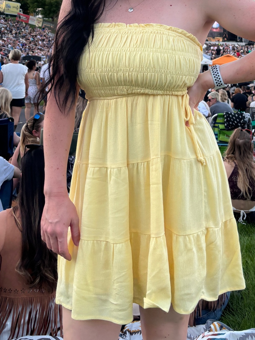 Strapless Smocked Tiered Mini Dress in Pale Yellow